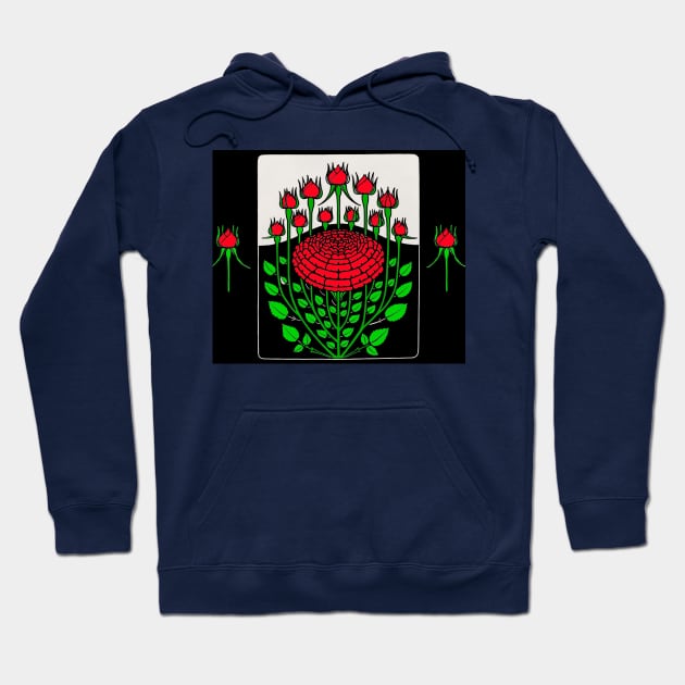 BLACK WHITE RED ROSES GREEN LEAVES ND ROSEBUDS Art Nouveau Floral Hoodie by BulganLumini